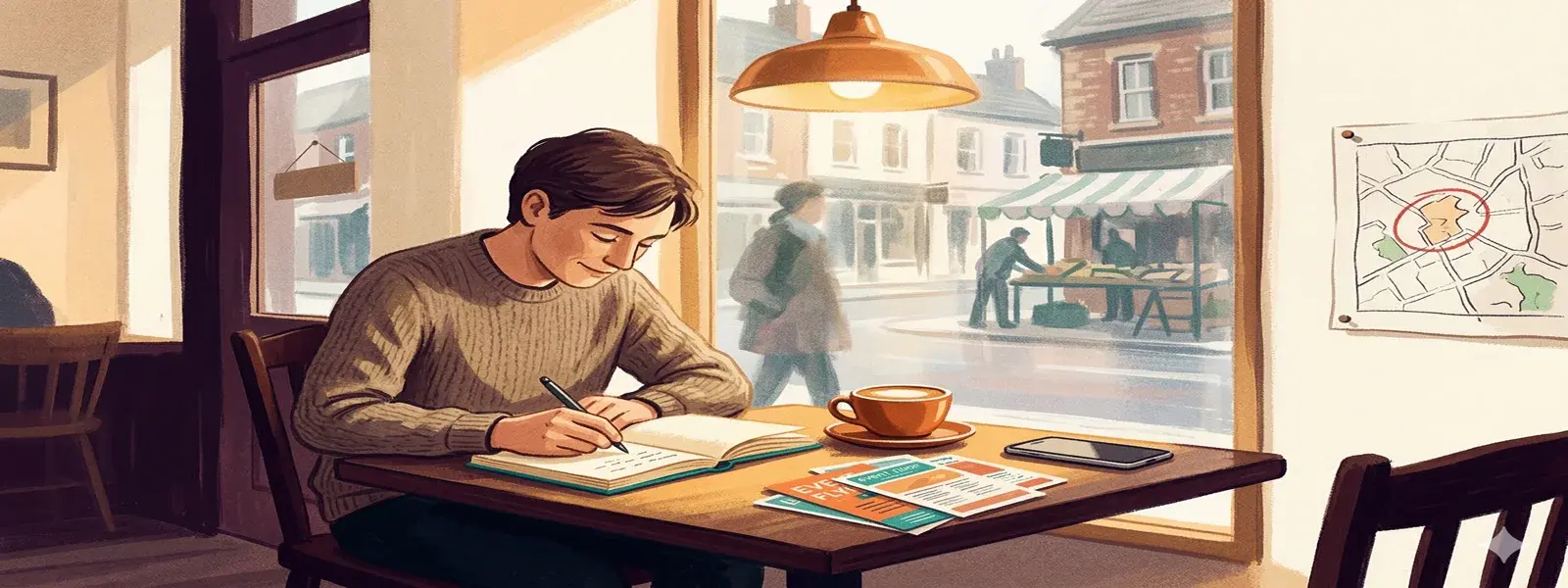 Someone writing notes in a café, British high street visible through the window