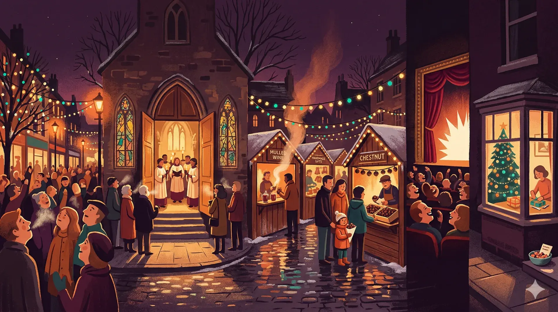 A festive Christmas scene with lights, gifts, greenery, and local event details