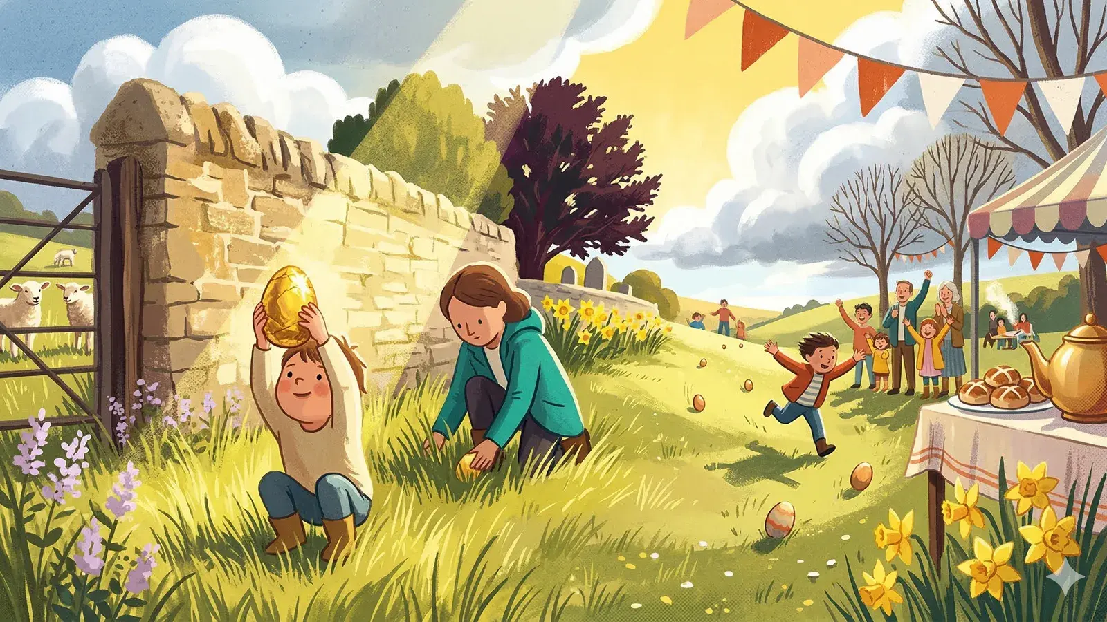 A cheerful spring Easter scene with blossom, bunting, and a basket of eggs