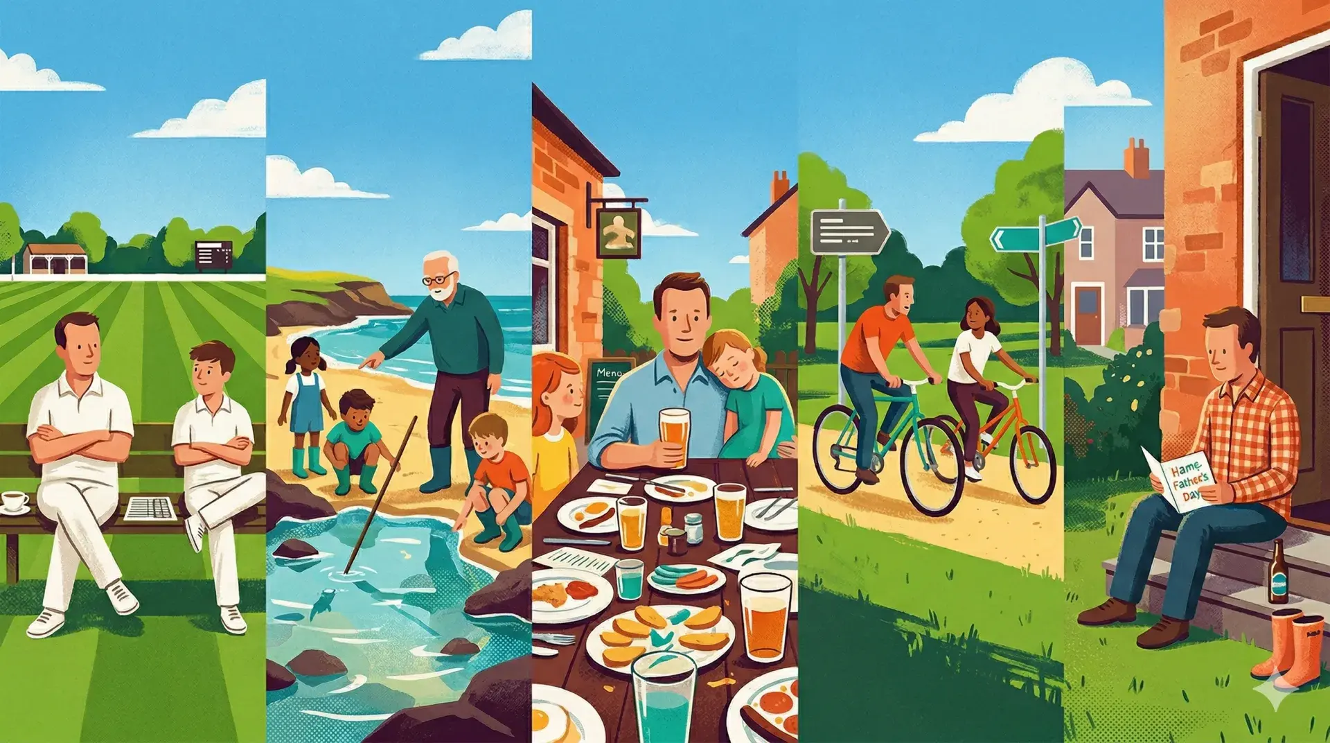 A warm Father's Day scene with local outing details, cards, and family plans