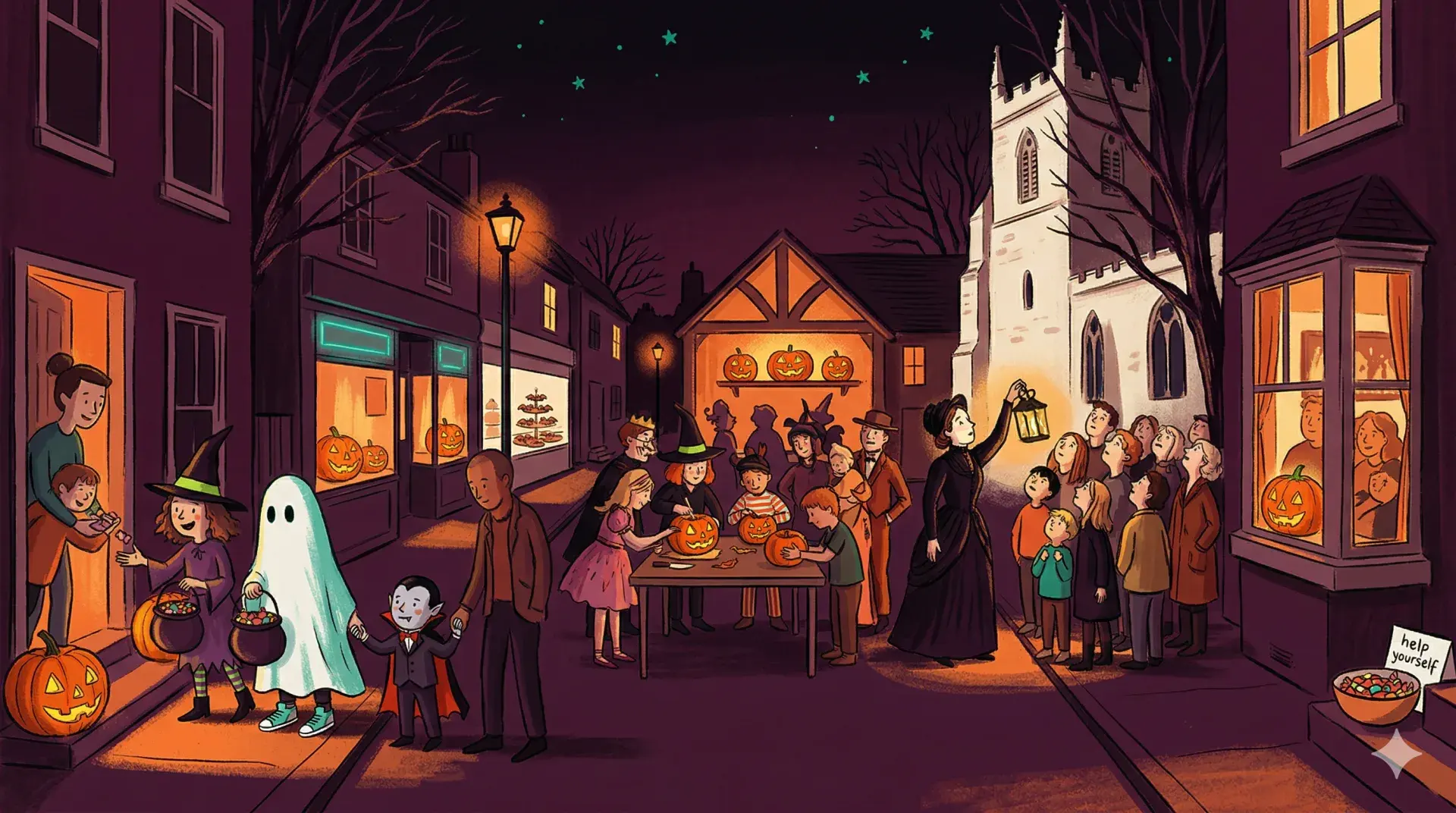 A spooky Halloween scene with pumpkins, autumn leaves, and glowing seasonal decorations