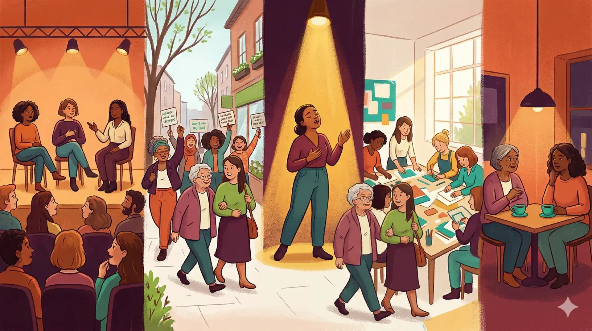 A vibrant International Women's Day scene with flowers, posters, and community event details