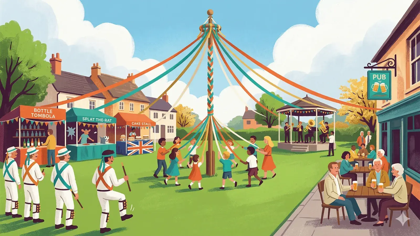 A sunny May bank holiday scene with bunting, a village green, and spring flowers