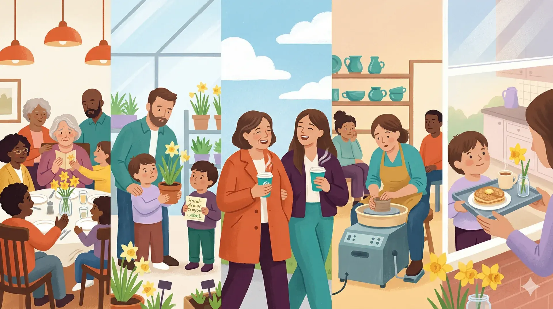 A gentle Mother's Day scene with flowers, cards, and family plans