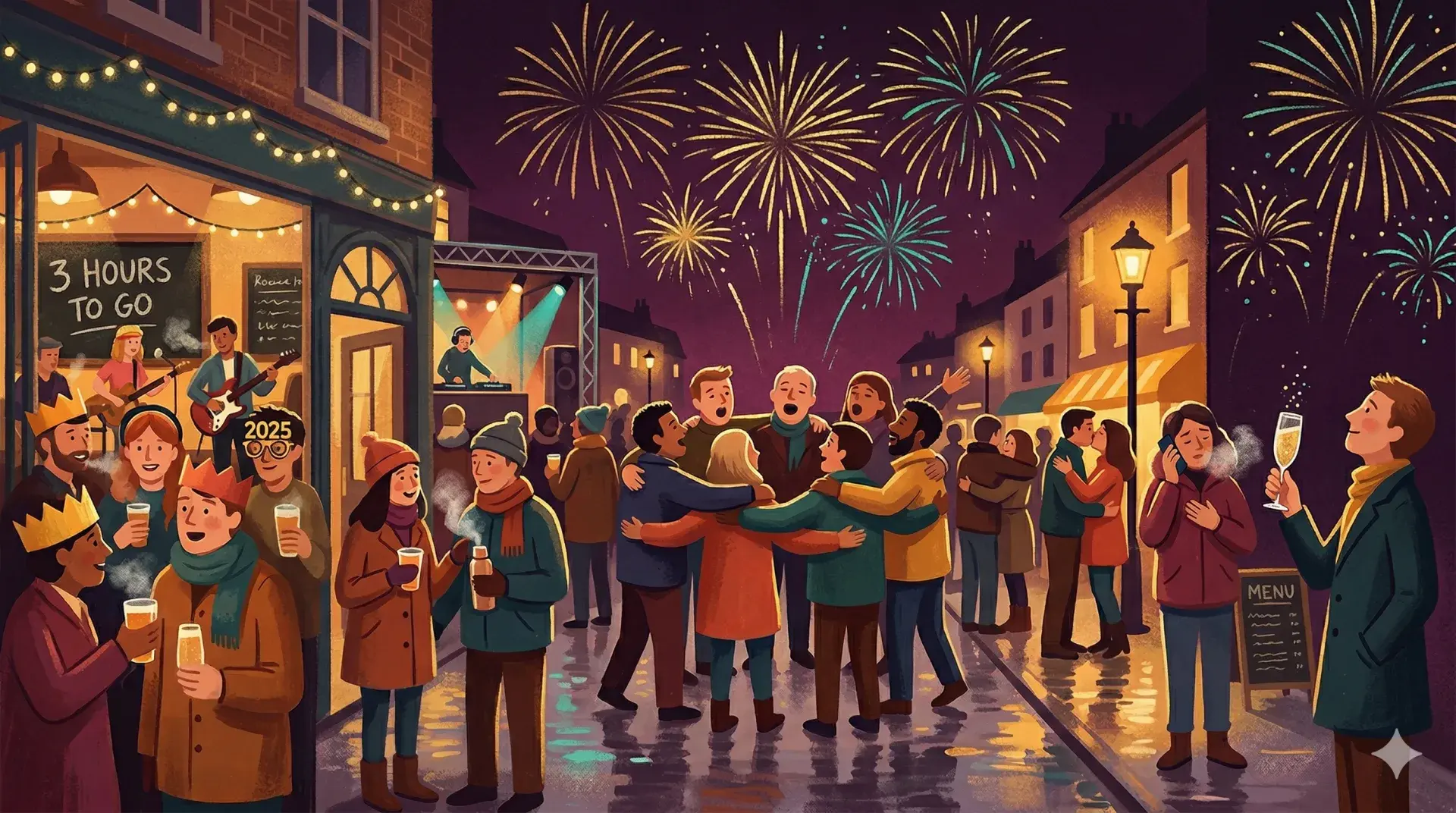 A sparkling New Year's Eve scene with fireworks, lights, and local celebration details