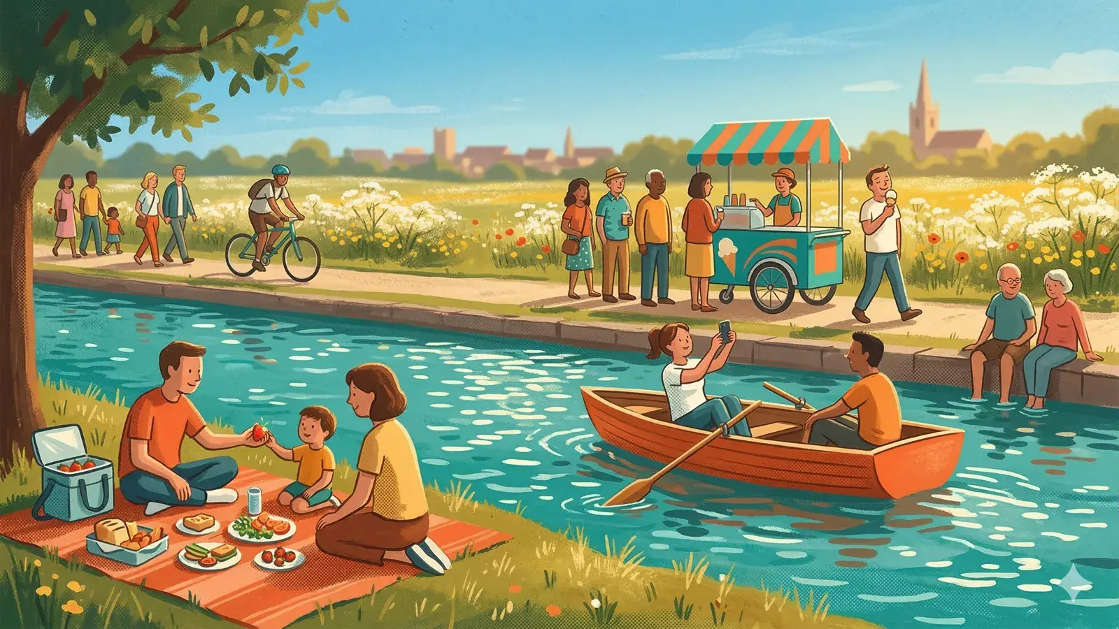 A late May village fête scene with bunting, stalls, and long evening sunshine