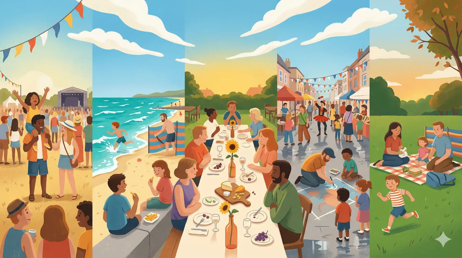 A sunny summer bank holiday scene with outdoor events, bunting, and late August plans
