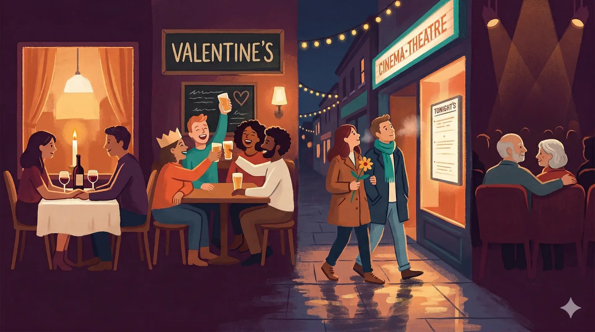A warm Valentine's Day scene with candles, flowers, and local date-night details