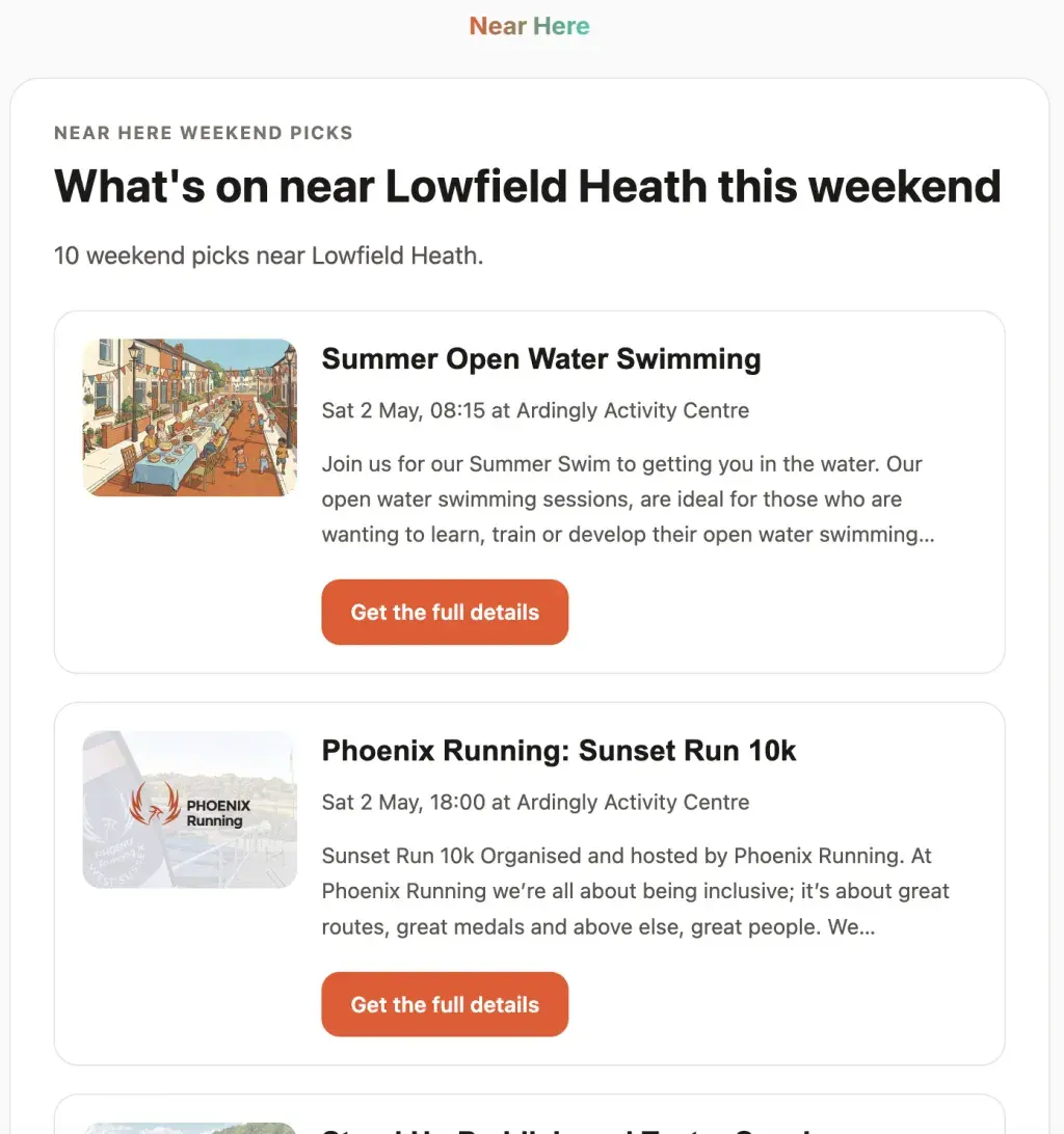 Sample Near Here weekly email — what's on near Roachill this weekend, with example events, dates, venues, and links.