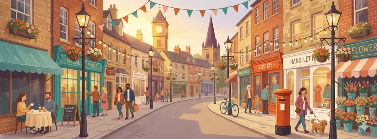 Illustration of a British high street with bunting, hanging baskets, a clock tower, and people browsing local shops