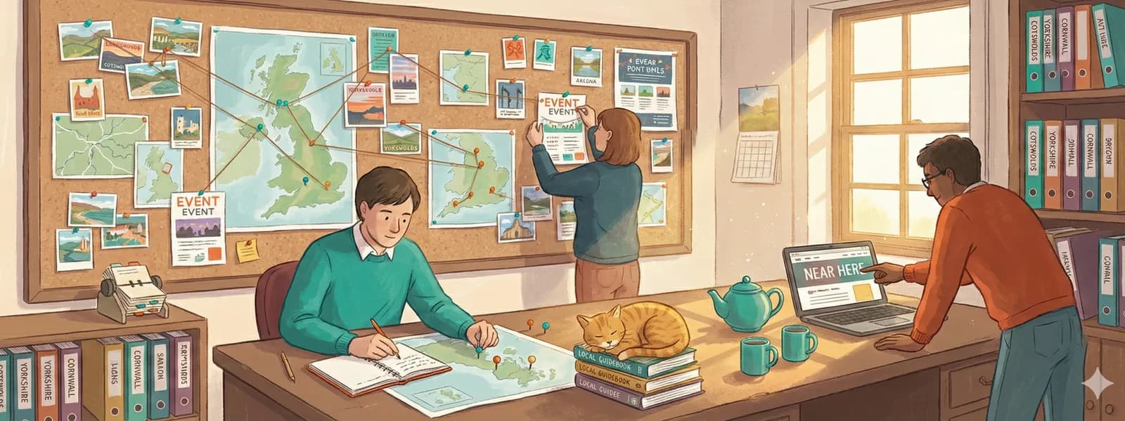 Illustrated scenes of local community events and village life