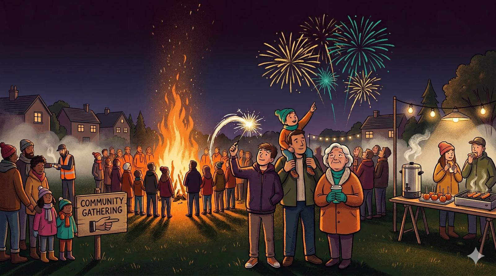 A Bonfire Night scene with fireworks, sparks, and people gathered for an autumn evening event