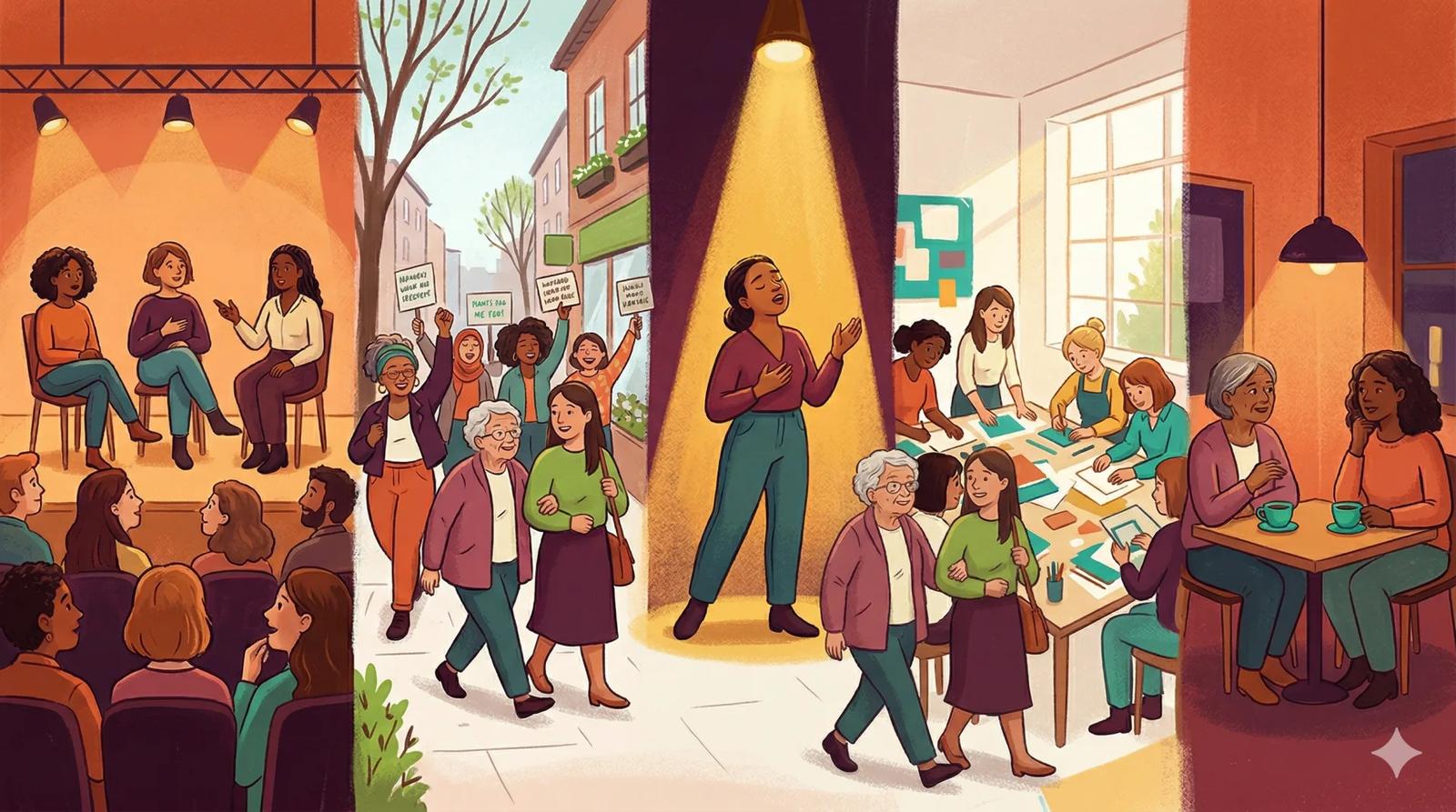 A vibrant International Women's Day scene with flowers, posters, and community event details