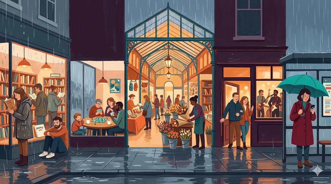 A rainy local street scene with umbrellas, warm lights, and cosy indoor plans