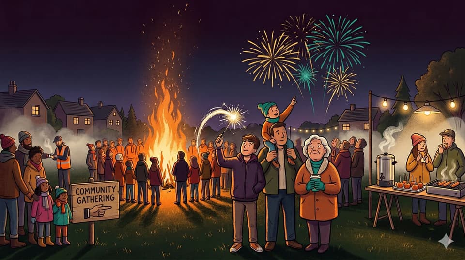 A Bonfire Night scene with fireworks, sparks, and people gathered for an autumn evening event