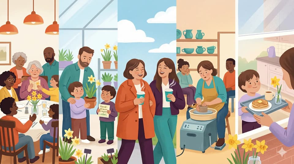 A gentle Mother's Day scene with flowers, cards, and family plans