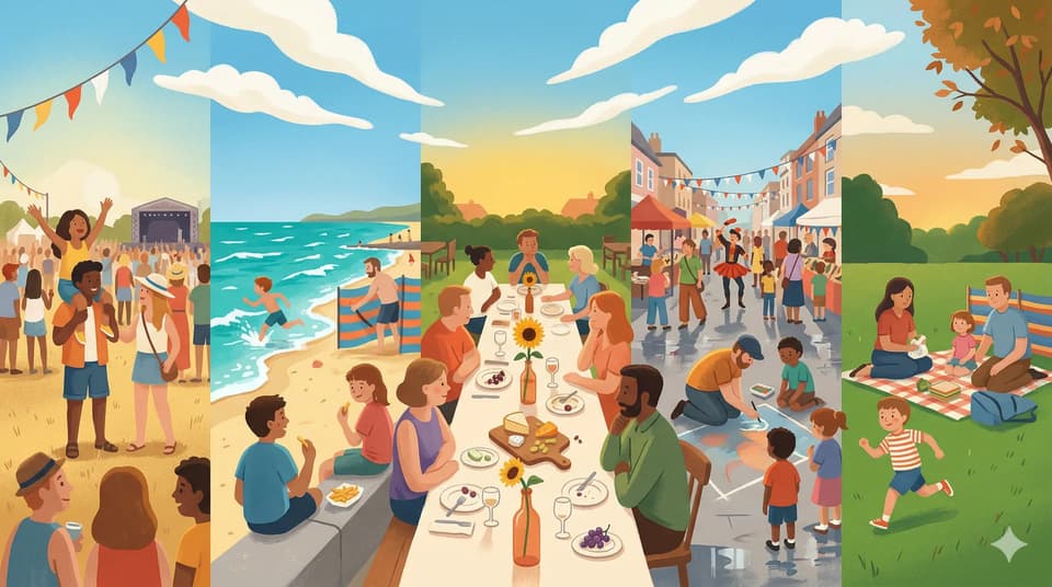A sunny summer bank holiday scene with outdoor events, bunting, and late August plans
